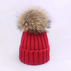 Women and Kids Winter Hat and Scarf With Real Fur Pompom