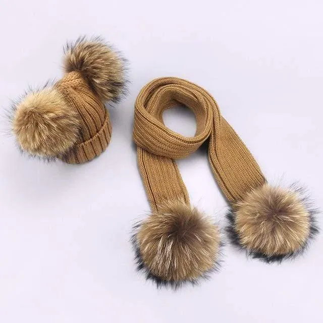 Women and Kids Winter Hat and Scarf With Real Fur Pompom