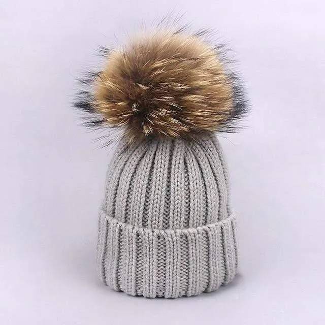 Women and Kids Winter Hat and Scarf With Real Fur Pompom