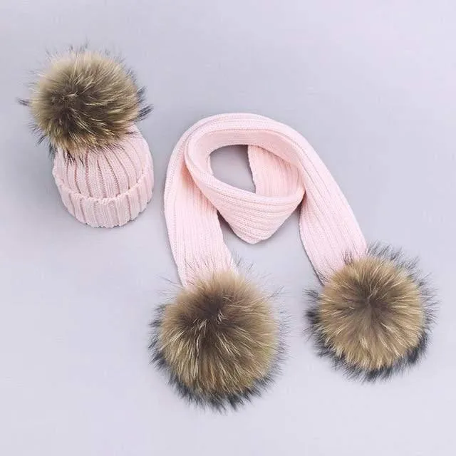 Women and Kids Winter Hat and Scarf With Real Fur Pompom