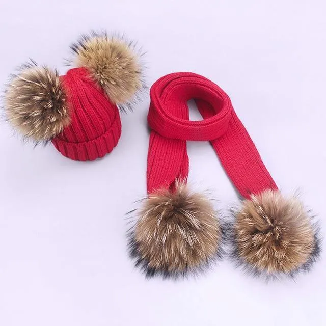 Women and Kids Winter Hat and Scarf With Real Fur Pompom