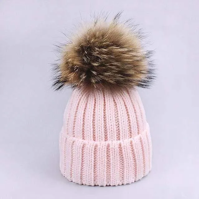 Women and Kids Winter Hat and Scarf With Real Fur Pompom