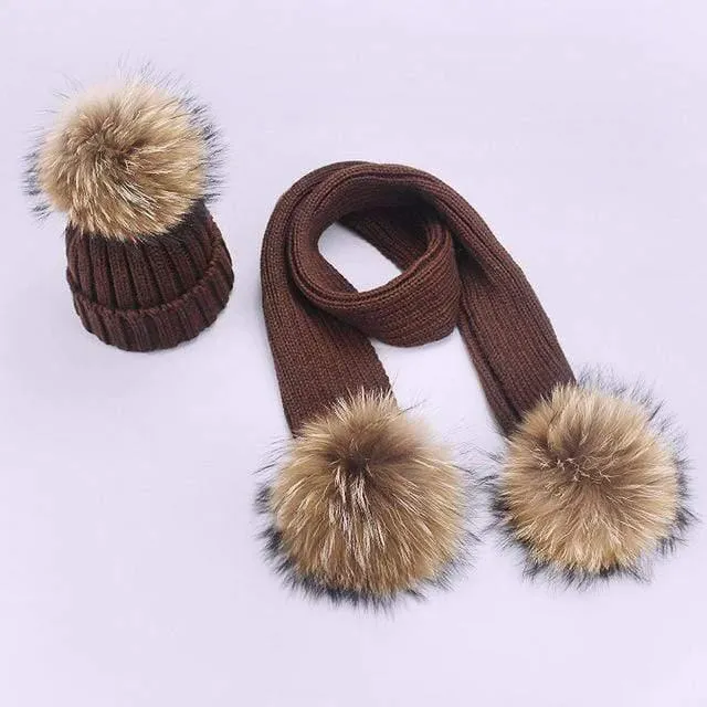 Women and Kids Winter Hat and Scarf With Real Fur Pompom