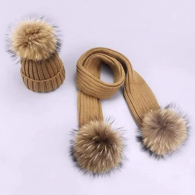 Women and Kids Winter Hat and Scarf With Real Fur Pompom