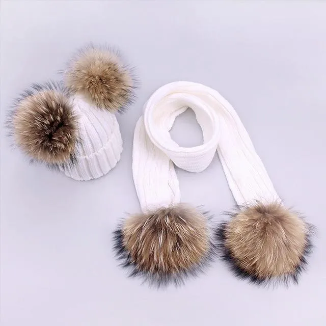 Women and Kids Winter Hat and Scarf With Real Fur Pompom