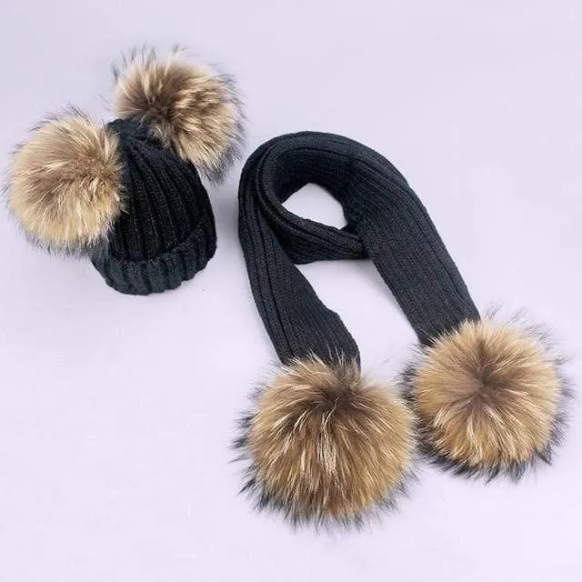 Women and Kids Winter Hat and Scarf With Real Fur Pompom