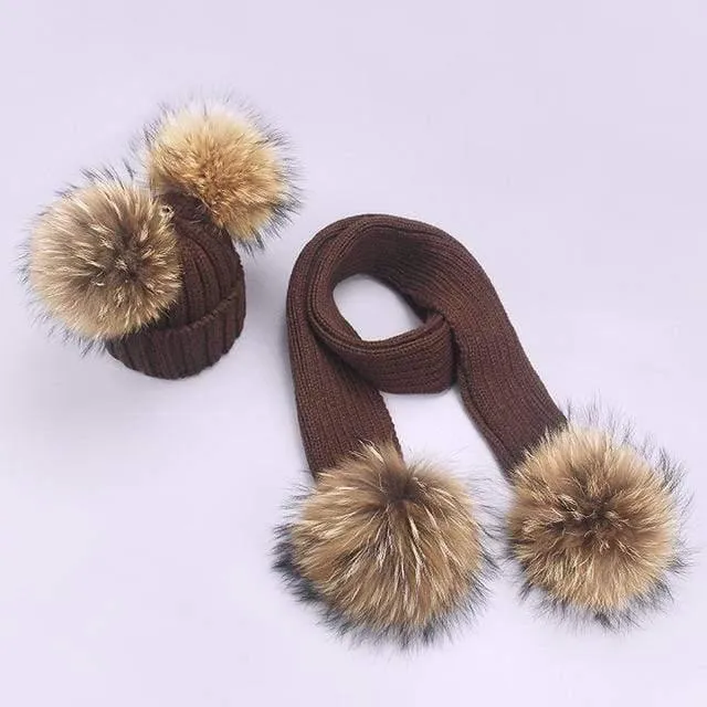 Women and Kids Winter Hat and Scarf With Real Fur Pompom