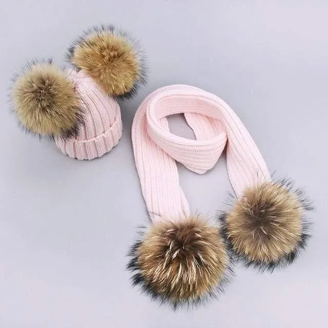 Women and Kids Winter Hat and Scarf With Real Fur Pompom