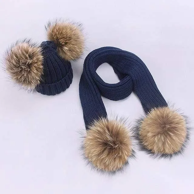 Women and Kids Winter Hat and Scarf With Real Fur Pompom