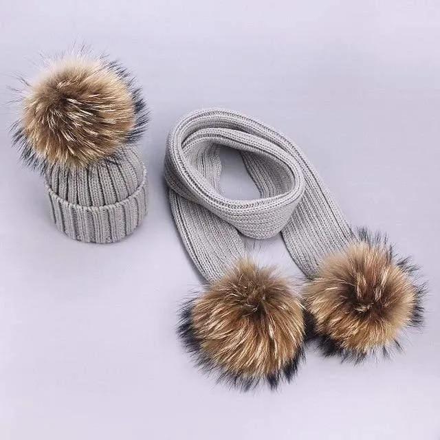 Women and Kids Winter Hat and Scarf With Real Fur Pompom