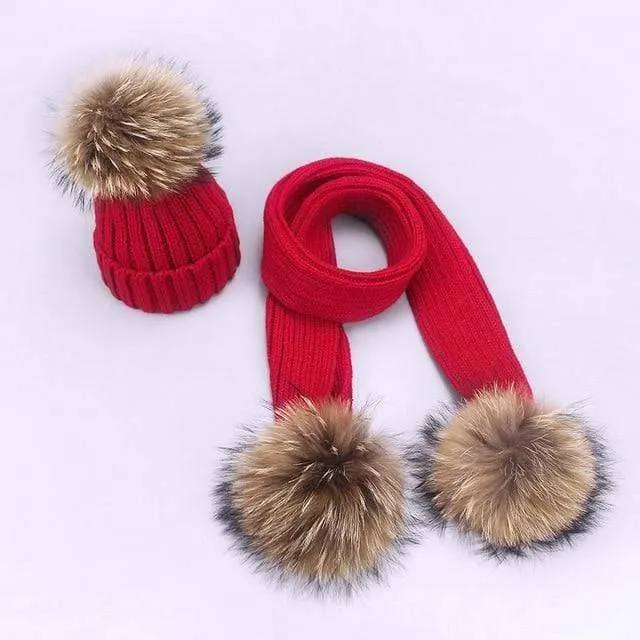 Women and Kids Winter Hat and Scarf With Real Fur Pompom