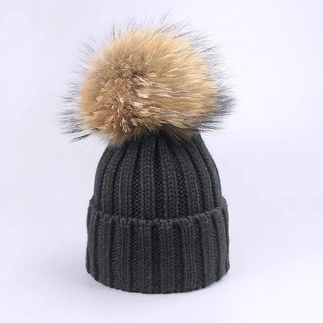 Women and Kids Winter Hat and Scarf With Real Fur Pompom