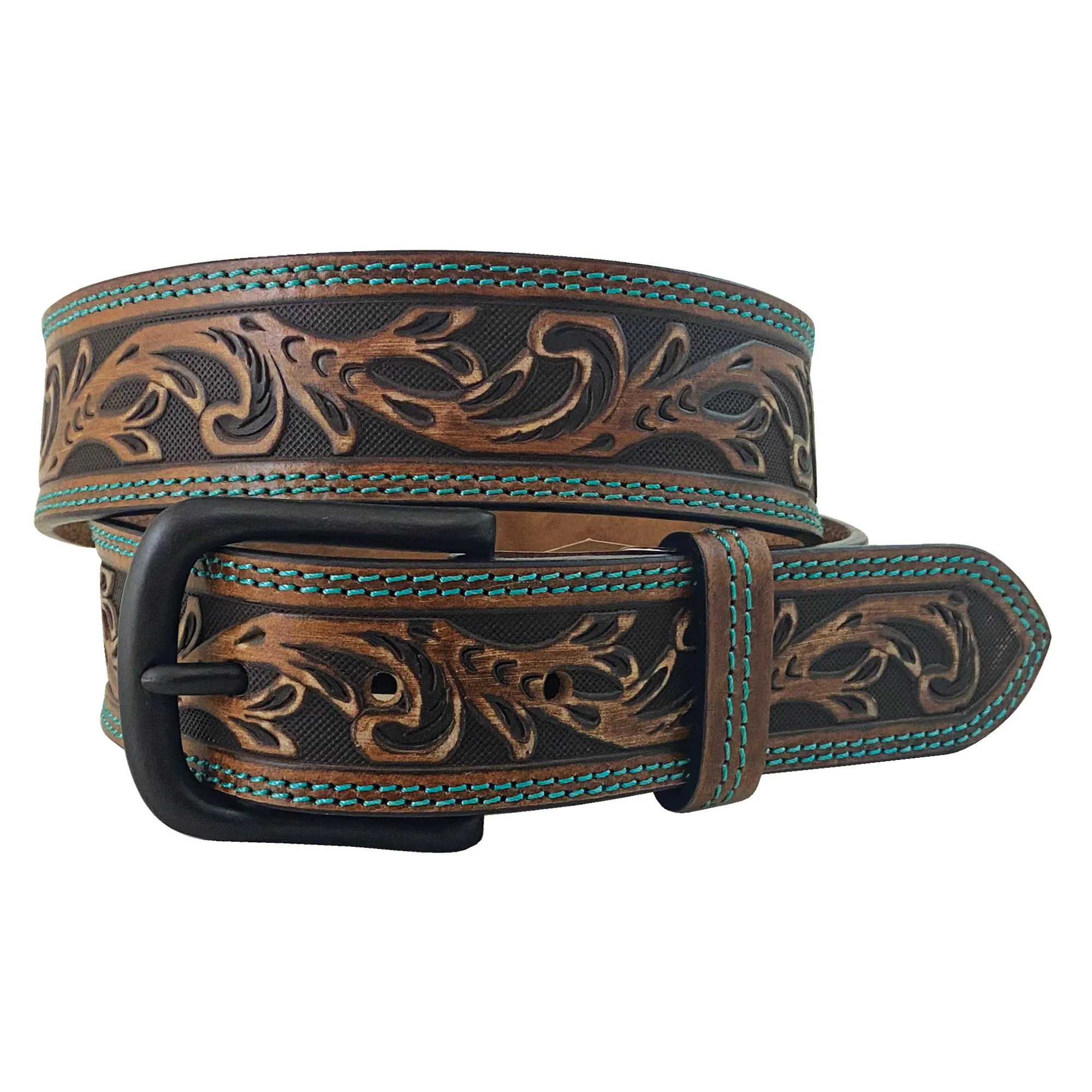 Women's Bridle Buffalo Textured Leather Brown Belt - Floral Embossed