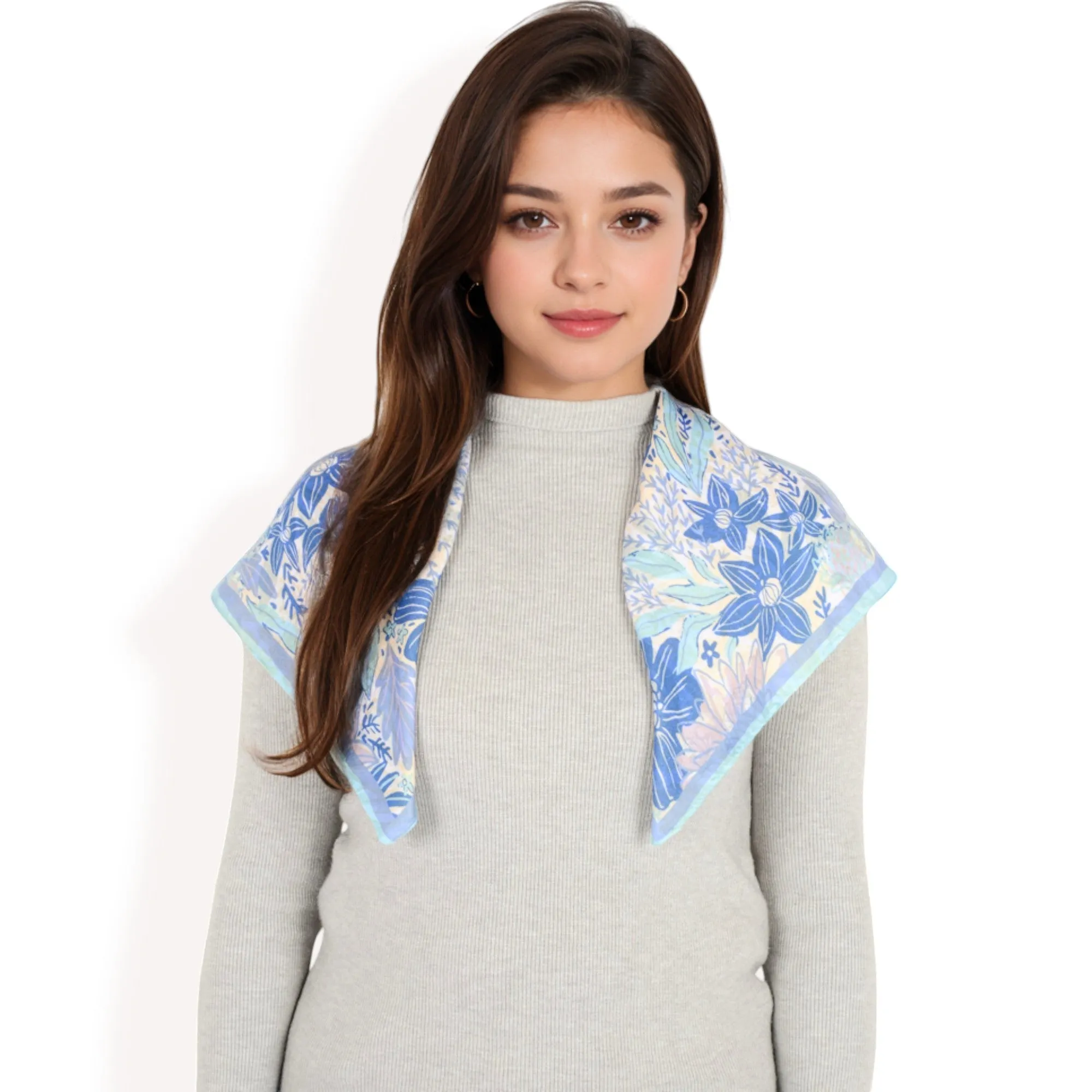 Women's Floral Printed Satin Square Scarves with Elegant Patterns and Contrast Borders for Chic and Versatile Styling