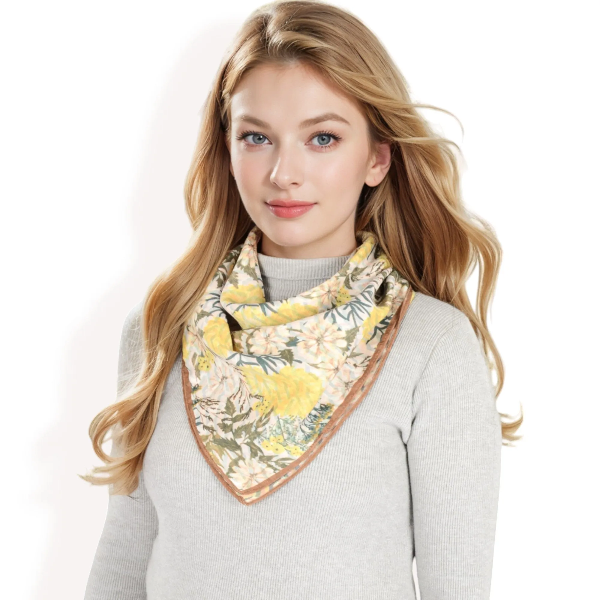 Women's Floral Printed Satin Square Scarves with Elegant Patterns and Contrast Borders for Chic and Versatile Styling