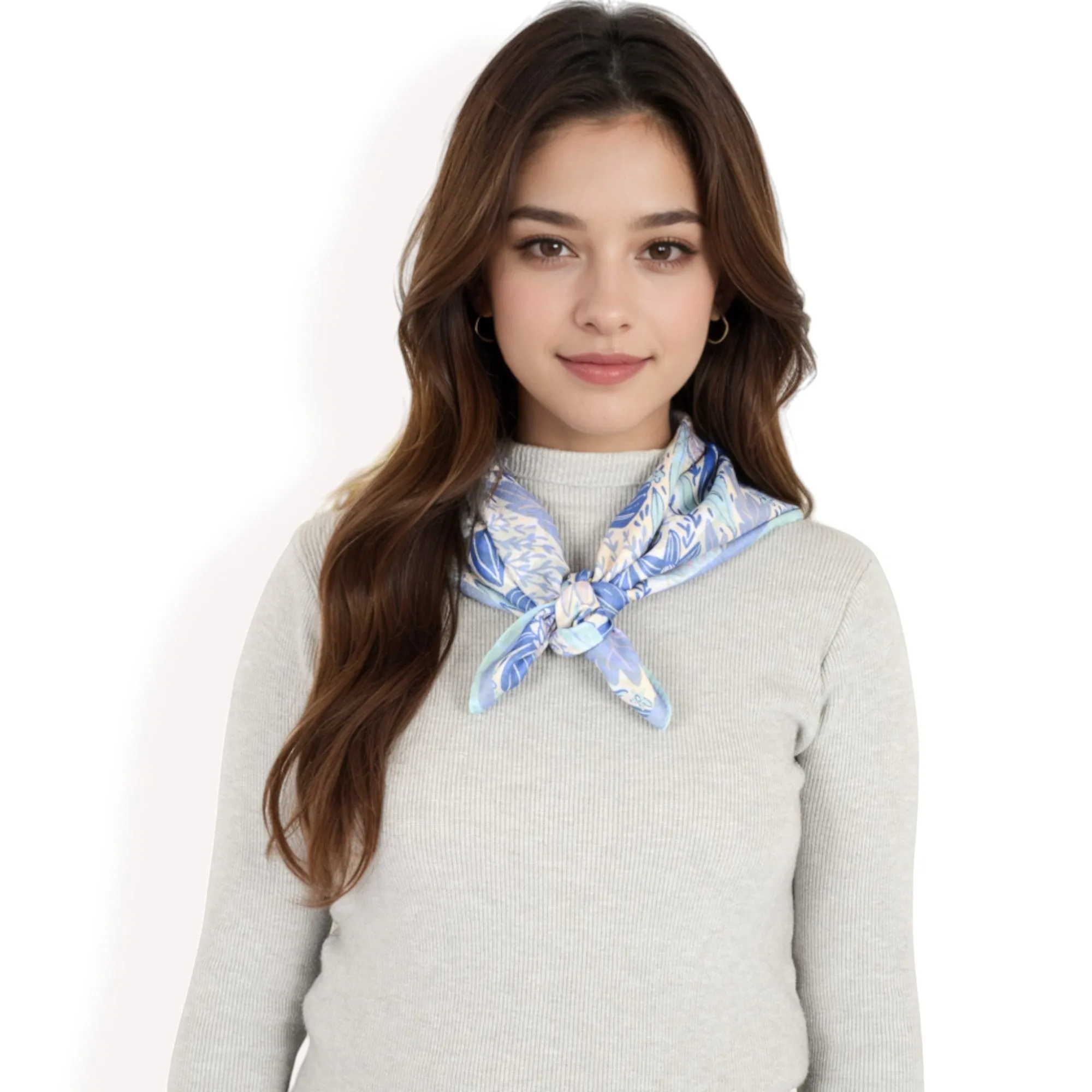 Women's Floral Printed Satin Square Scarves with Elegant Patterns and Contrast Borders for Chic and Versatile Styling