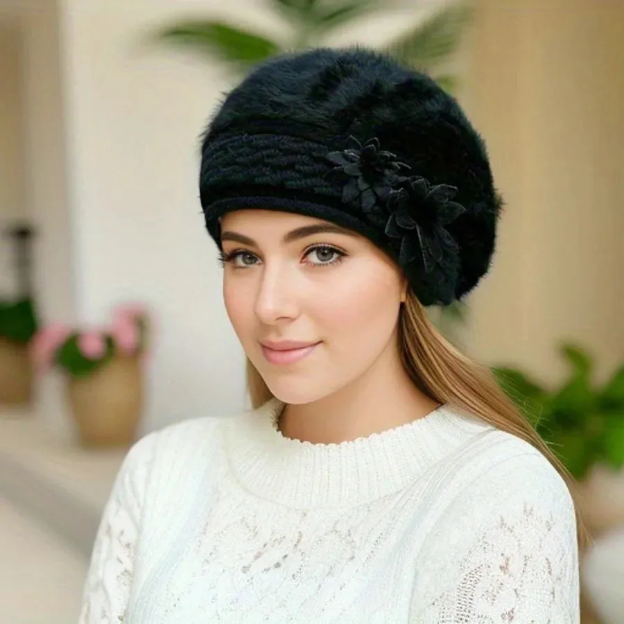 Women's Winter New Korean Edition Warm Solid Beret Rabbit Hair Hat