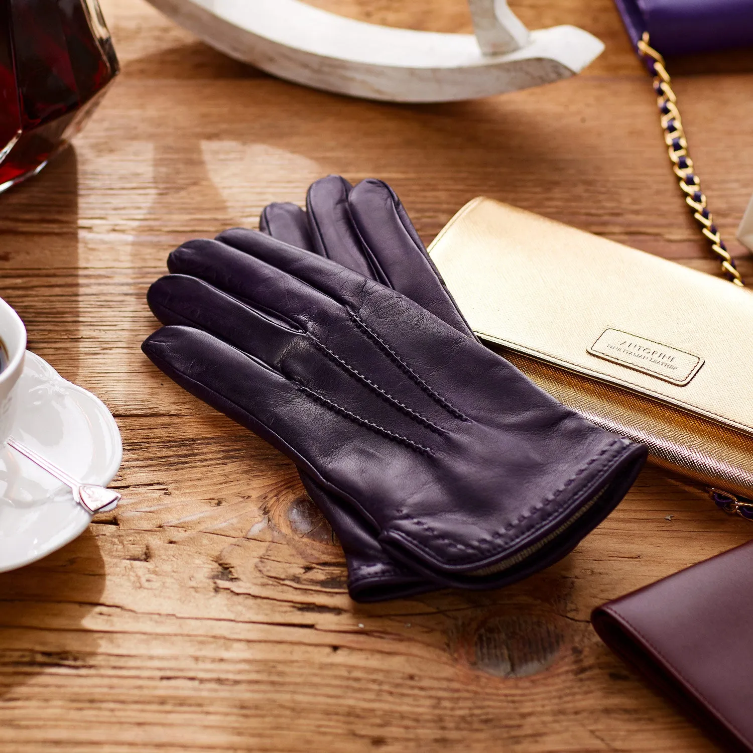 Wool Lined Women's Leather Gloves in Purple