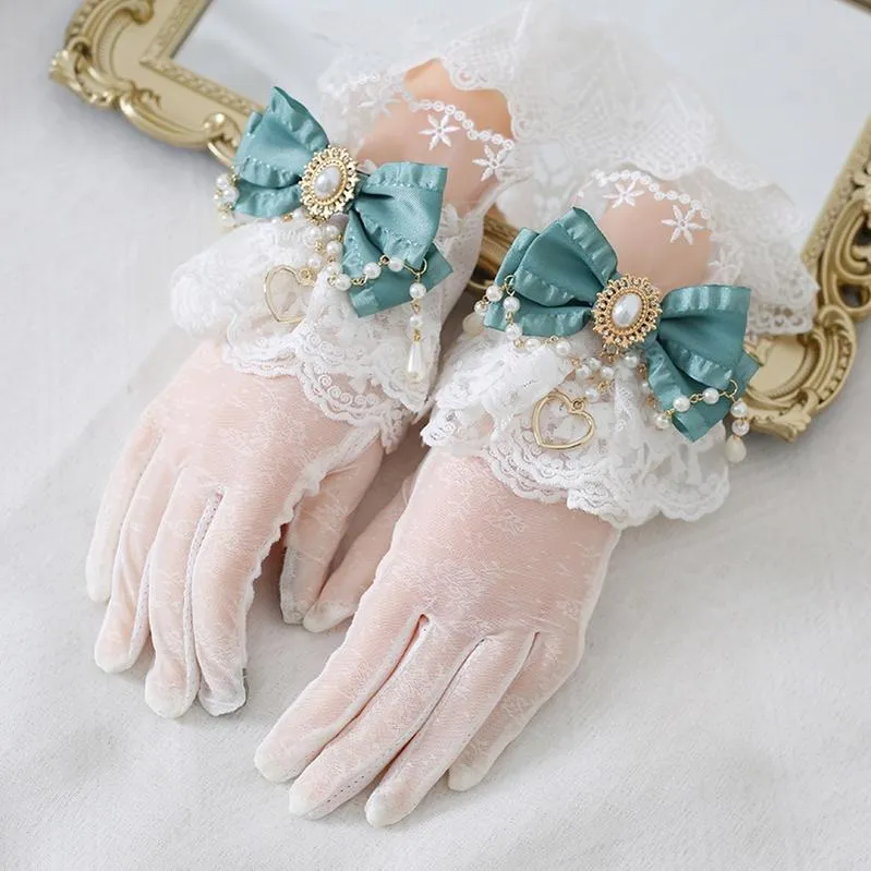 Xiaogui~Vintage Lolita Gloves Lace Bow Bead Chain Sunscreen Gloves