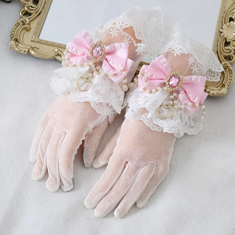 Xiaogui~Vintage Lolita Gloves Lace Bow Bead Chain Sunscreen Gloves