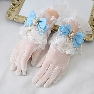 Xiaogui~Vintage Lolita Gloves Lace Bow Bead Chain Sunscreen Gloves