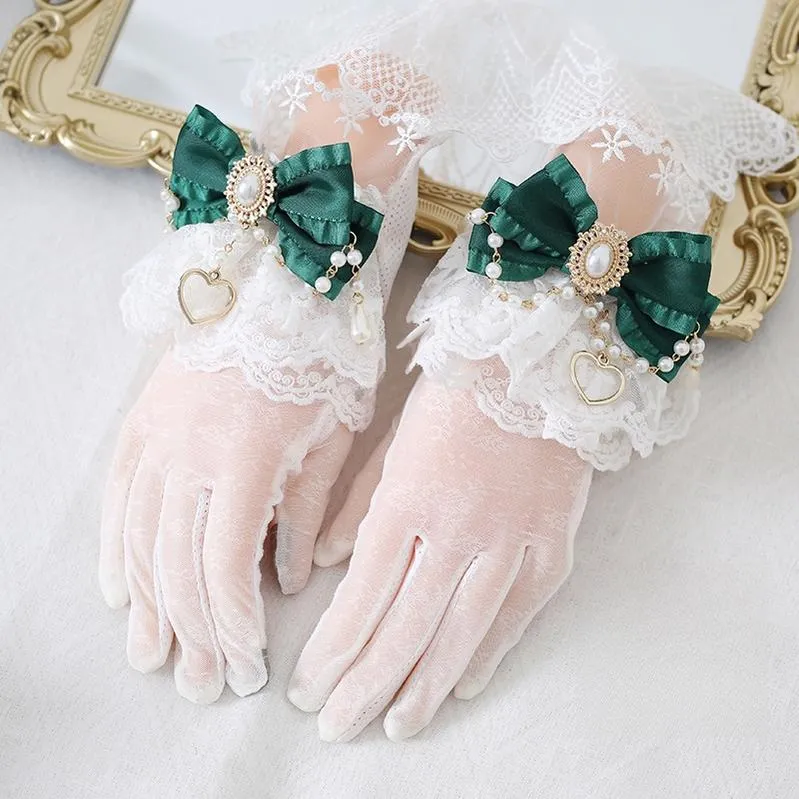 Xiaogui~Vintage Lolita Gloves Lace Bow Bead Chain Sunscreen Gloves