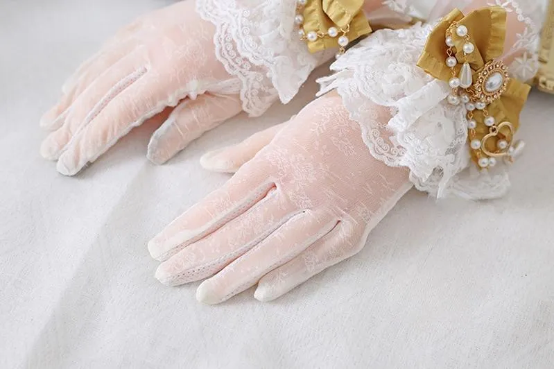 Xiaogui~Vintage Lolita Gloves Lace Bow Bead Chain Sunscreen Gloves