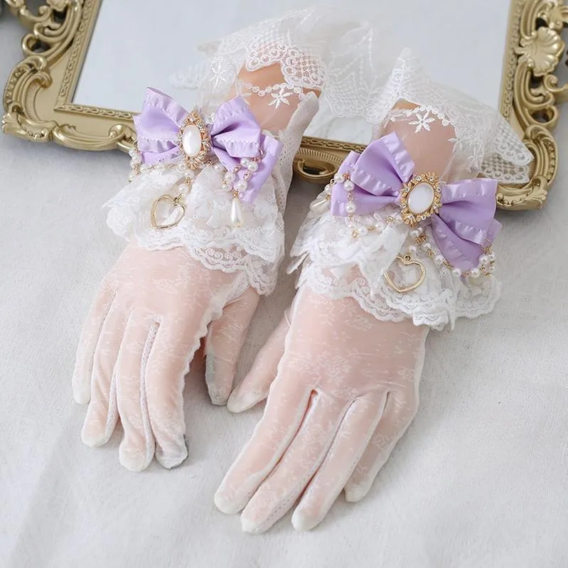 Xiaogui~Vintage Lolita Gloves Lace Bow Bead Chain Sunscreen Gloves