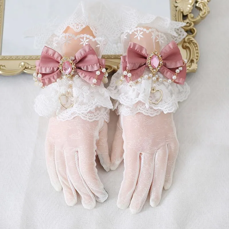 Xiaogui~Vintage Lolita Gloves Lace Bow Bead Chain Sunscreen Gloves