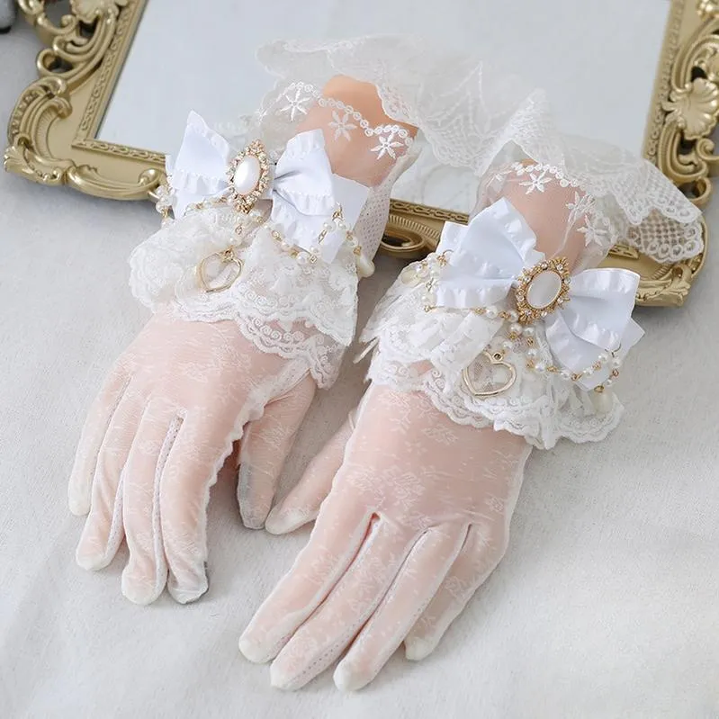 Xiaogui~Vintage Lolita Gloves Lace Bow Bead Chain Sunscreen Gloves