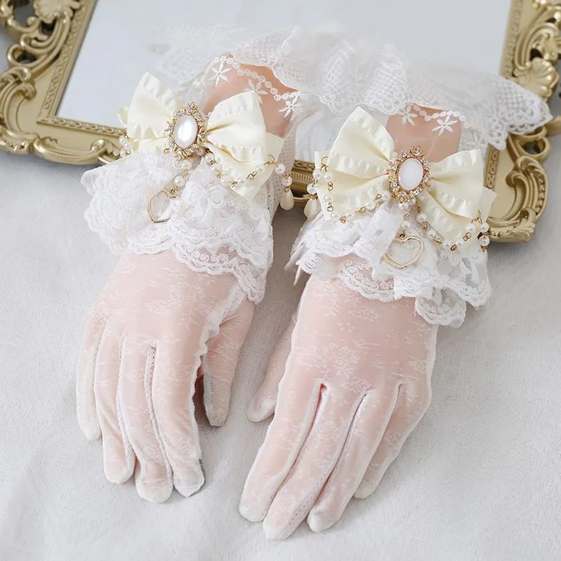 Xiaogui~Vintage Lolita Gloves Lace Bow Bead Chain Sunscreen Gloves