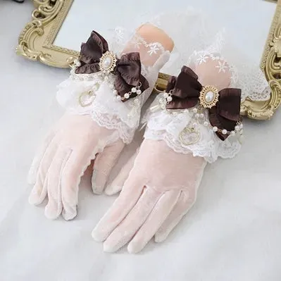 Xiaogui~Vintage Lolita Gloves Lace Bow Bead Chain Sunscreen Gloves