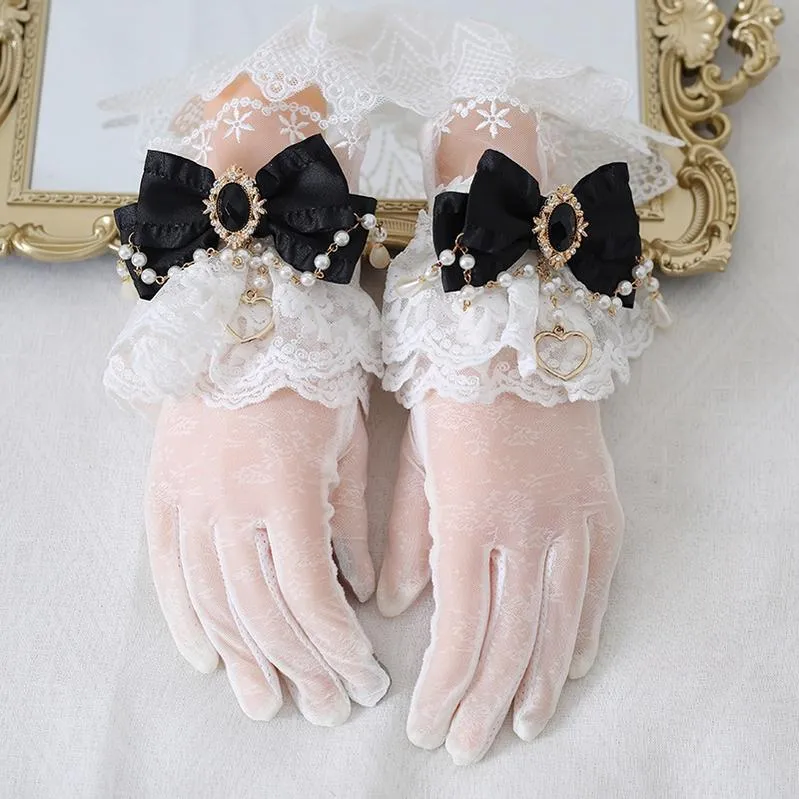 Xiaogui~Vintage Lolita Gloves Lace Bow Bead Chain Sunscreen Gloves