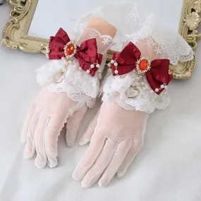 Xiaogui~Vintage Lolita Gloves Lace Bow Bead Chain Sunscreen Gloves