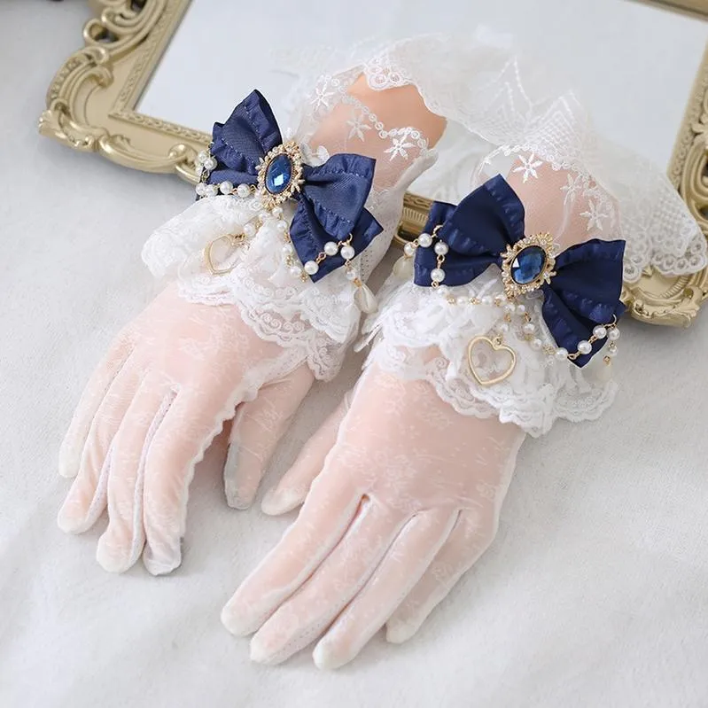 Xiaogui~Vintage Lolita Gloves Lace Bow Bead Chain Sunscreen Gloves